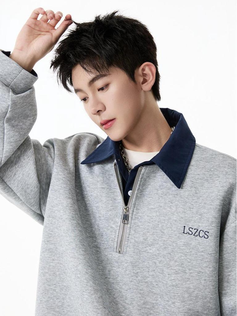 Unisex Heavyweight Faux Two-Piece Half-Zip Polo Sweatshirt, Autumn College Style, Lapel, Pullover, Loose Casual Top, Trendy.