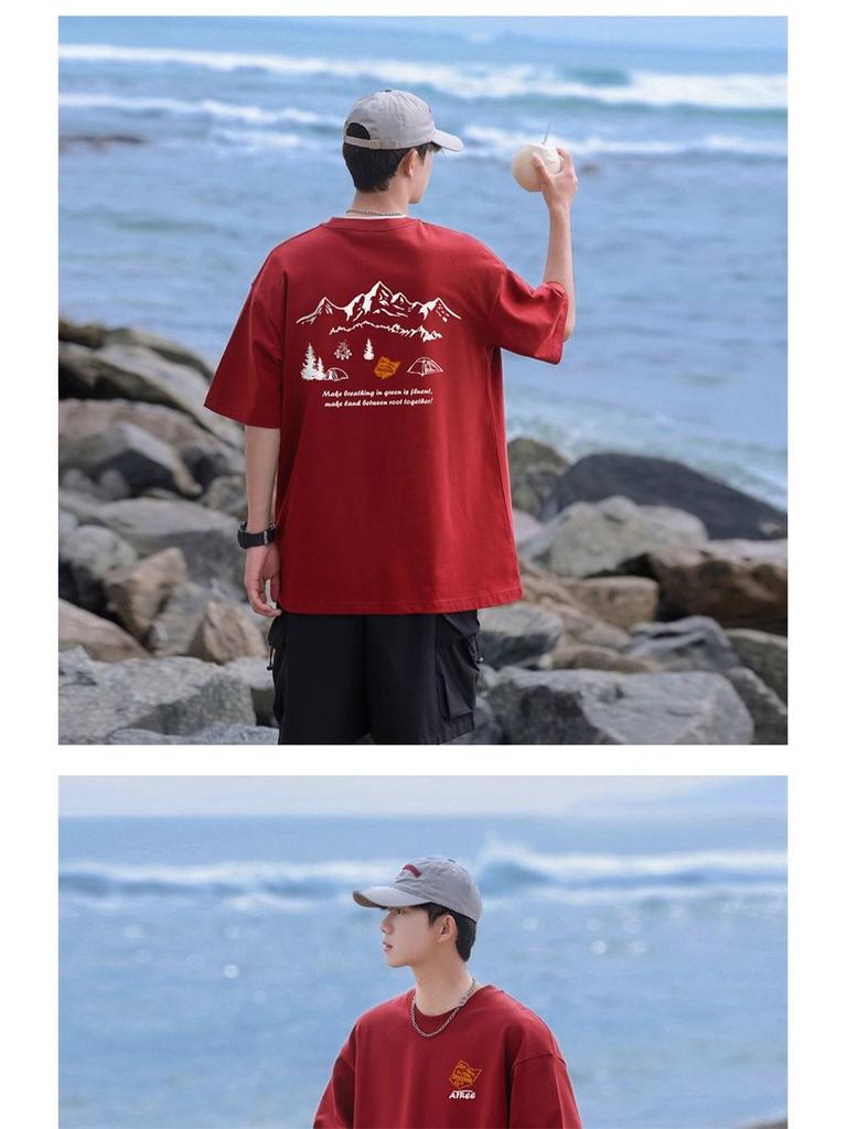 Męska luźna koszulka z krótkim rękawem, ciężka, wykonana z czystej bawełny