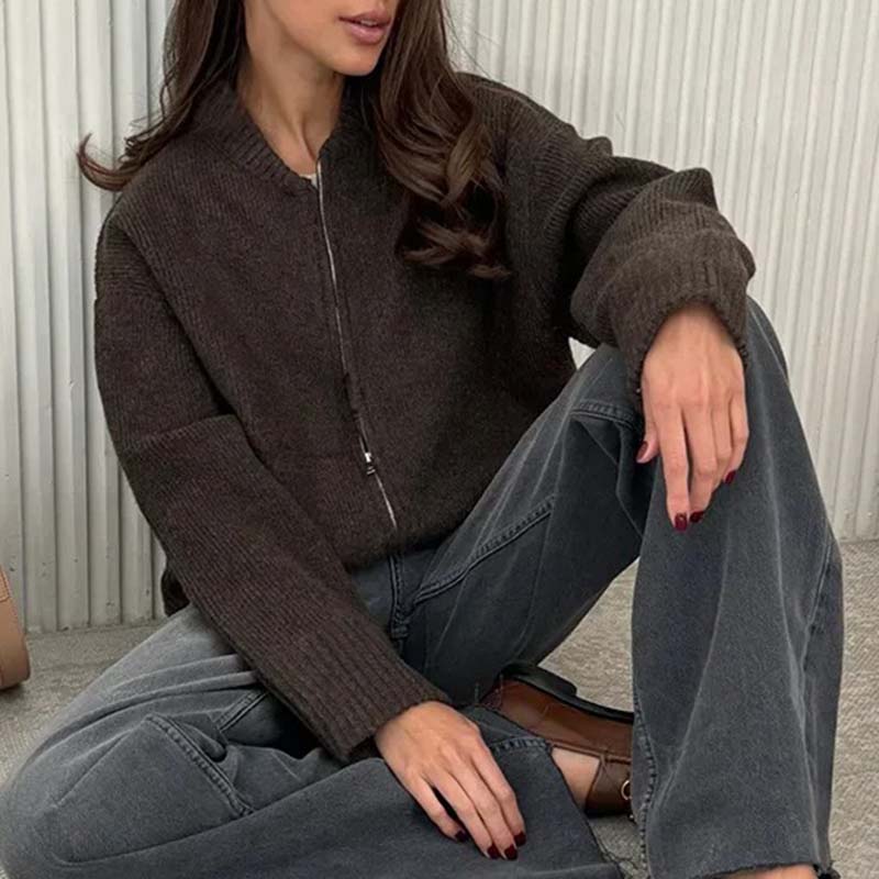 Women Casual O-Neck Knit Cardigan Autumn Winter Loose Long Sleeve Zipper Sweater Vintage Solid  All-matching Knitwear