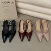 Fashion SUOJIALUN 2025 Summer New Brand Women Sandal Fashion Pointed Toe Shallow Slip On Mules Shoes Thin Med Heel Dress Pumps Shoes