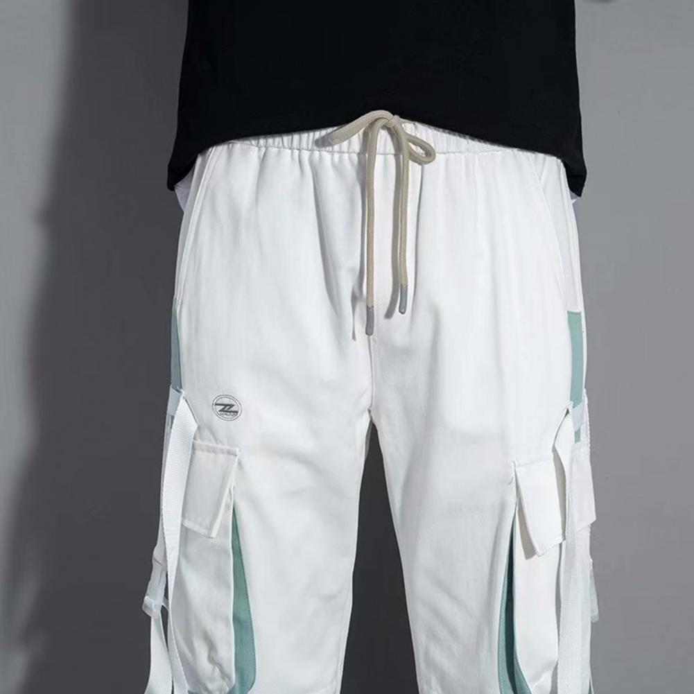 Men Cargo Pants Strap Decor Multi Pockets Loose Elastic Waist Ankle-banded Color Matching Hip Hop Streetwear Work Outdoor Trouse