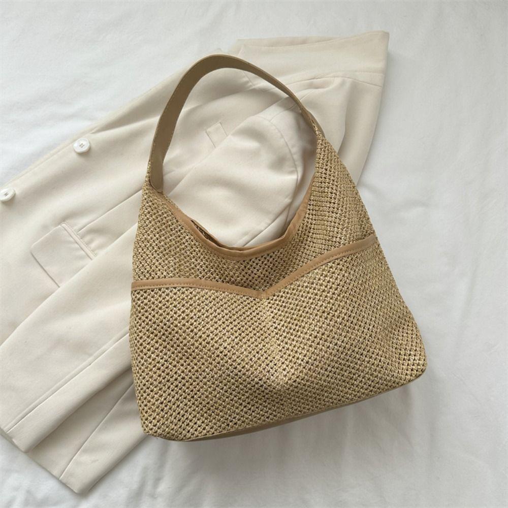 

Khaki Woven Handbag with Pocket Underarm Tote Bag Vacation Straw Shoulder Bag Outdoor хаки