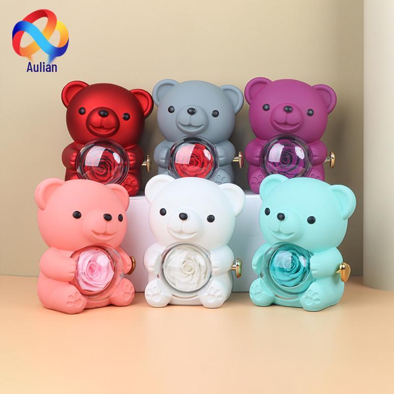 Teddy Bear Everlasting Flower Gift Box with Ring and Necklace