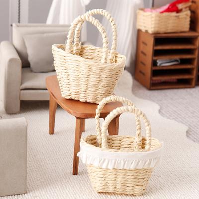 1:12 Scale Dollhouse Basket Mini Wicker Basket with Handles Micro-Scene Woven Storage Basket with Lace Trim for Doll House Accessories