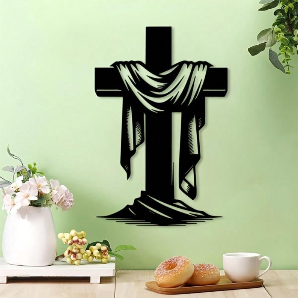 Black Iron Wall Cross Decor Minimalist Christian Home Office Gift Rustproof Metal Art for Wedding Funeral Christmas Easter