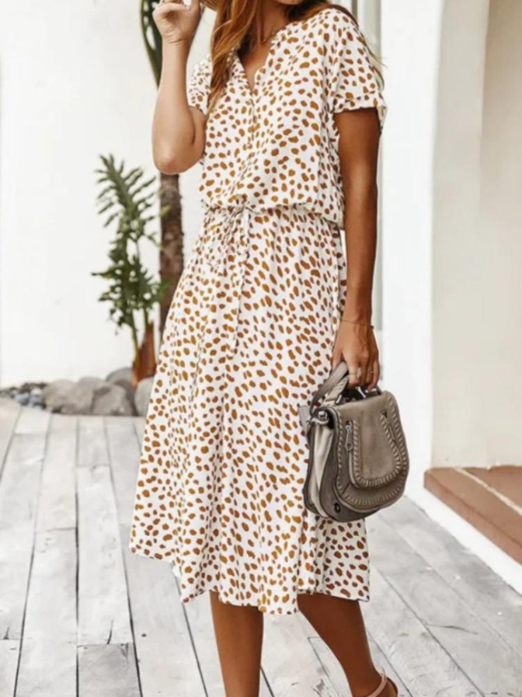 

Polka Dot Floral Lace-Up Casual Beach Dress - Women s Long Vacation Style S абрикосовий