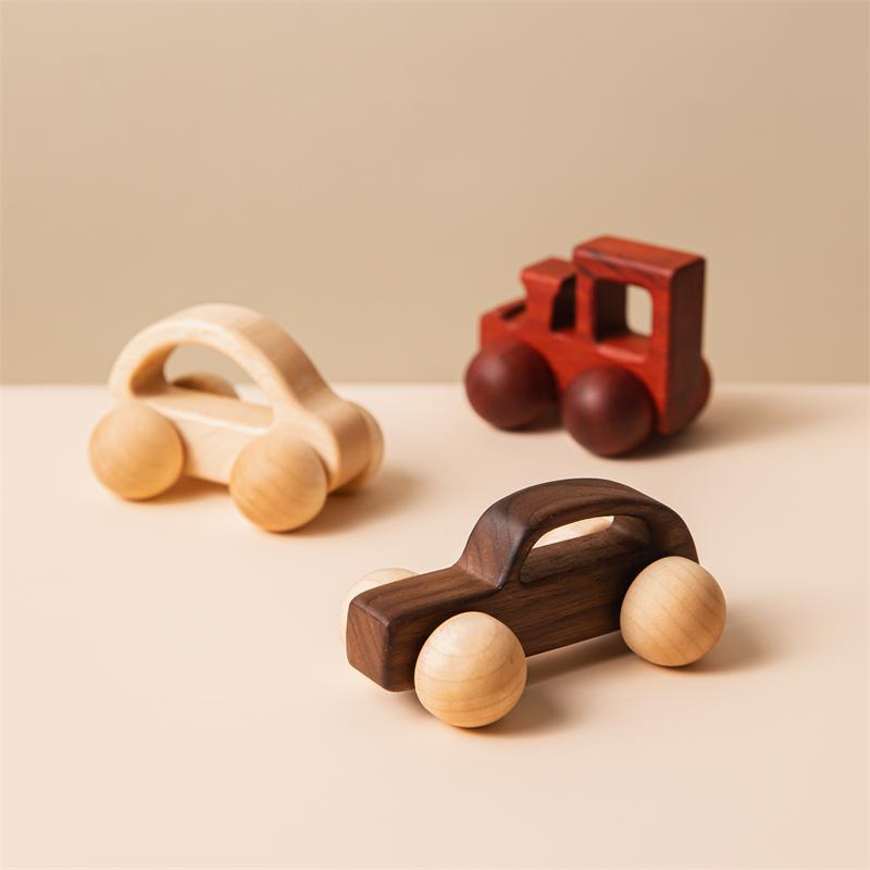 Walnut Wood Mini Colorful Car, Children Early Education Educational Wooden Building Block Toy, Infant Toddler Push Cart