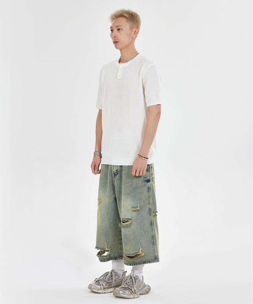MAKEITTO Henley Neck Waffle Short Sleeve T-Shirt_White