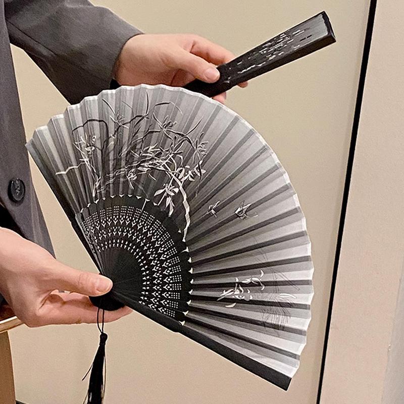 Retro Ink Orchid Silk Folding Fan Chinese Style Ancient Lotus Hand Fans Close Friend Gift Classic Hanfu Decorated Crafts