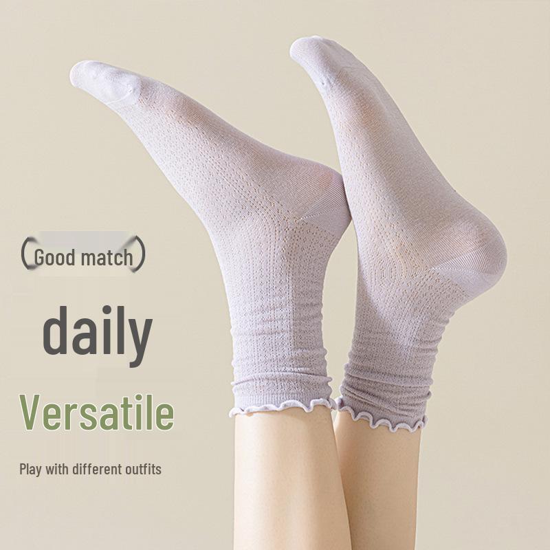 Women's Korean-Style Ruffle Mesh Maternity Socks - Breathable Cotton, Mid-Calf, Loose Cuff, Summer Socks