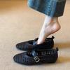 Sheepskin version~ versatile French woven mesh one-word buckle single shoes women's shallow mouth round head flat bottom comfortable Mary Jane shoes
