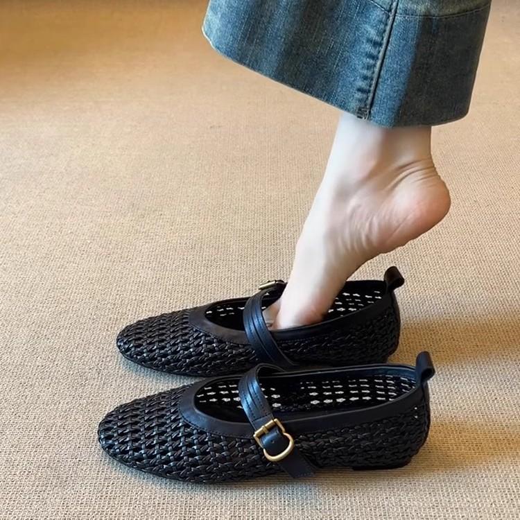 Sheepskin version~ versatile French woven mesh one-word buckle single shoes women's shallow mouth round head flat bottom comfortable Mary Jane shoes