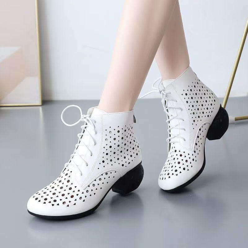 Stivaletti da Donna in Pelle Traforati Primavera Estate Nuovi Punta Tonda Alti Stringati Tacco Blocco Stivali Cool Taglie Grandi Stivali da Ballo