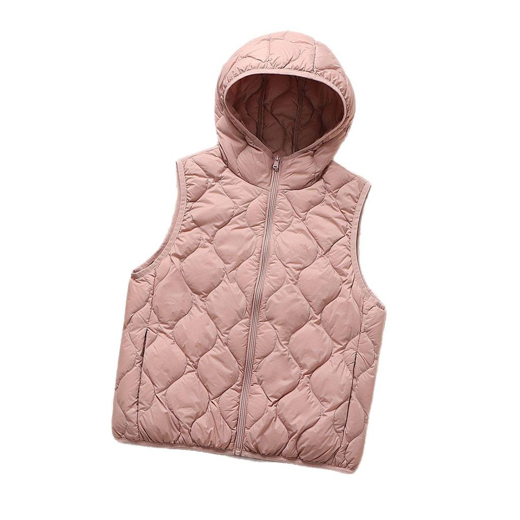 Women's Petite Hooded Lightweight Down Jacket, Autumn/Winter, Diamond Pattern, White Duck Down, Short Style.