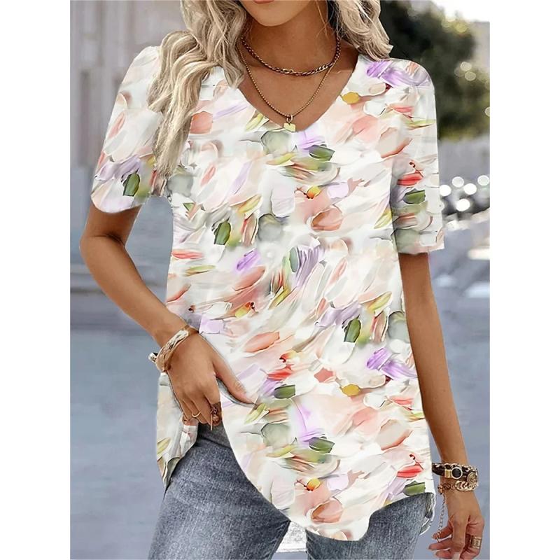 Summer V-Neck T-Shirt Fashion Women Short Sleeves 3D Printed Top Tee Casual Loose Black White Fashion Streetwear Female Pullover