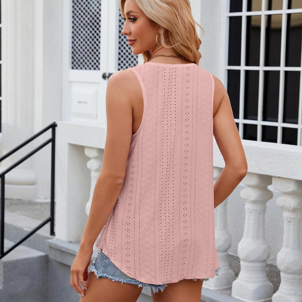 Women's Round Neck Loose Solid Color Hollow Out Sleeveless T-shirt Top