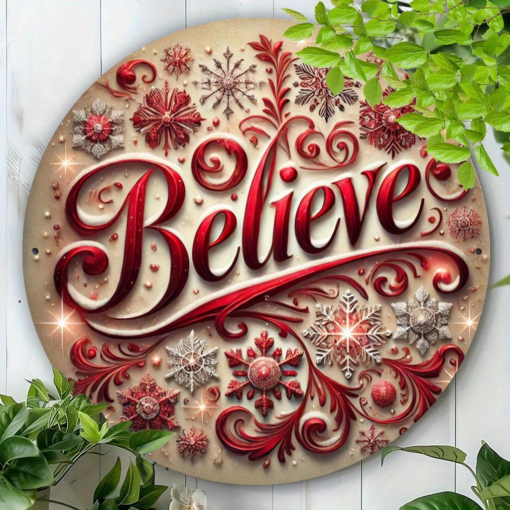 Believe" 2D Metal Sign with Christmas Print Design 7.8X7.8 inches (20X20 cm) Perfect for man cave garage and outdoor decoration
