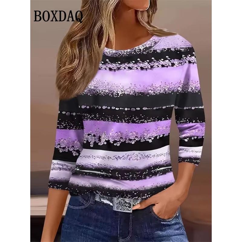 

Женская футболка с 3D-принтом в полоску, модная, с длинным рукавом, круглым вырезом, свободного кроя, повседневная, для отдыха, на выходные, весенне-осенняя одежда 2025 XL