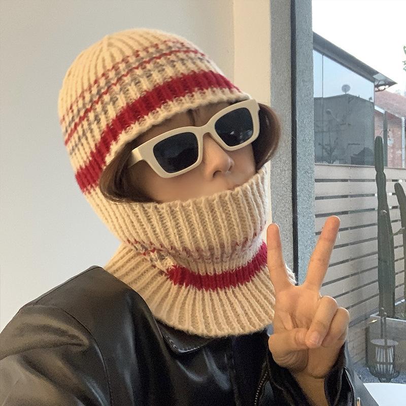 Retro Niche Balaclava Ins Women's Autumn and Winter Striped Knitted Hat Warm Ear Protection Hat and Scarf Integrated