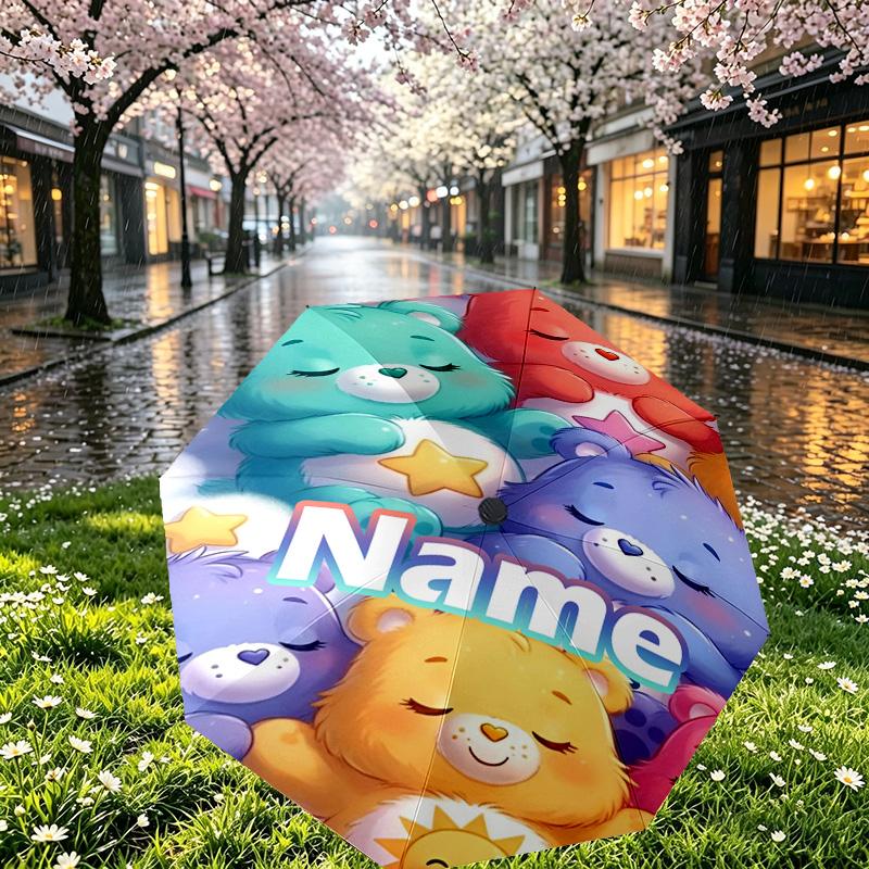 Custom Name Personalized Care Bears Print Umbrella, Auto Open Close, 8‑Rib Sturdy Frame, Commute Camping Hiking Use, Birthday Gift
