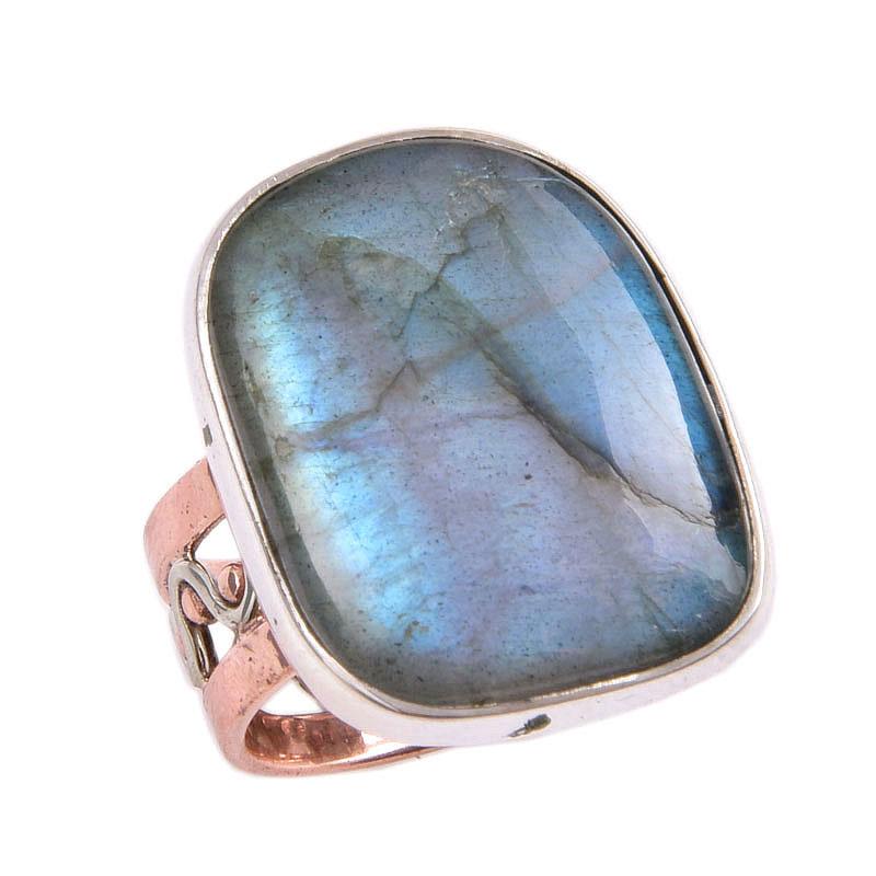 Natural Labradorite Gemstone Handmade 925 Sterling Silver Two Tone Ring S.7 d3H81