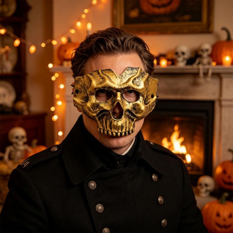 PU Skull Costume Mask with Half-Face Coverage, Gold Finish, Dark Shading, Eye Openings, and Open Nose and Mouth for Costume Party Wear