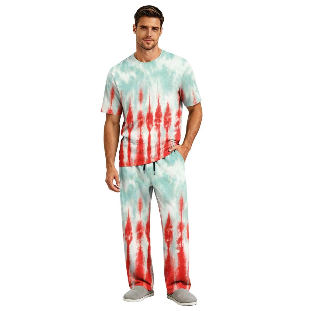 Men's Home Pajama Set, Short Sleeve Top and Long Pants with Button Fly and Drawstring Waist