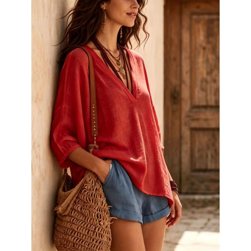 Women V Neck 3/4 Sleeve Linen Cotton Blouse Loose Casual Solid Color Summer Tops