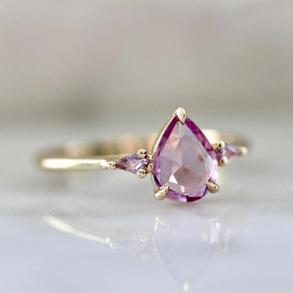 Vintage Pear Cut Pink Sapphire Ring, Yellow Gold Plated Promise Ring , 925 Sterling Silver Ring, Art Deco Bridal Wedding Jewelry