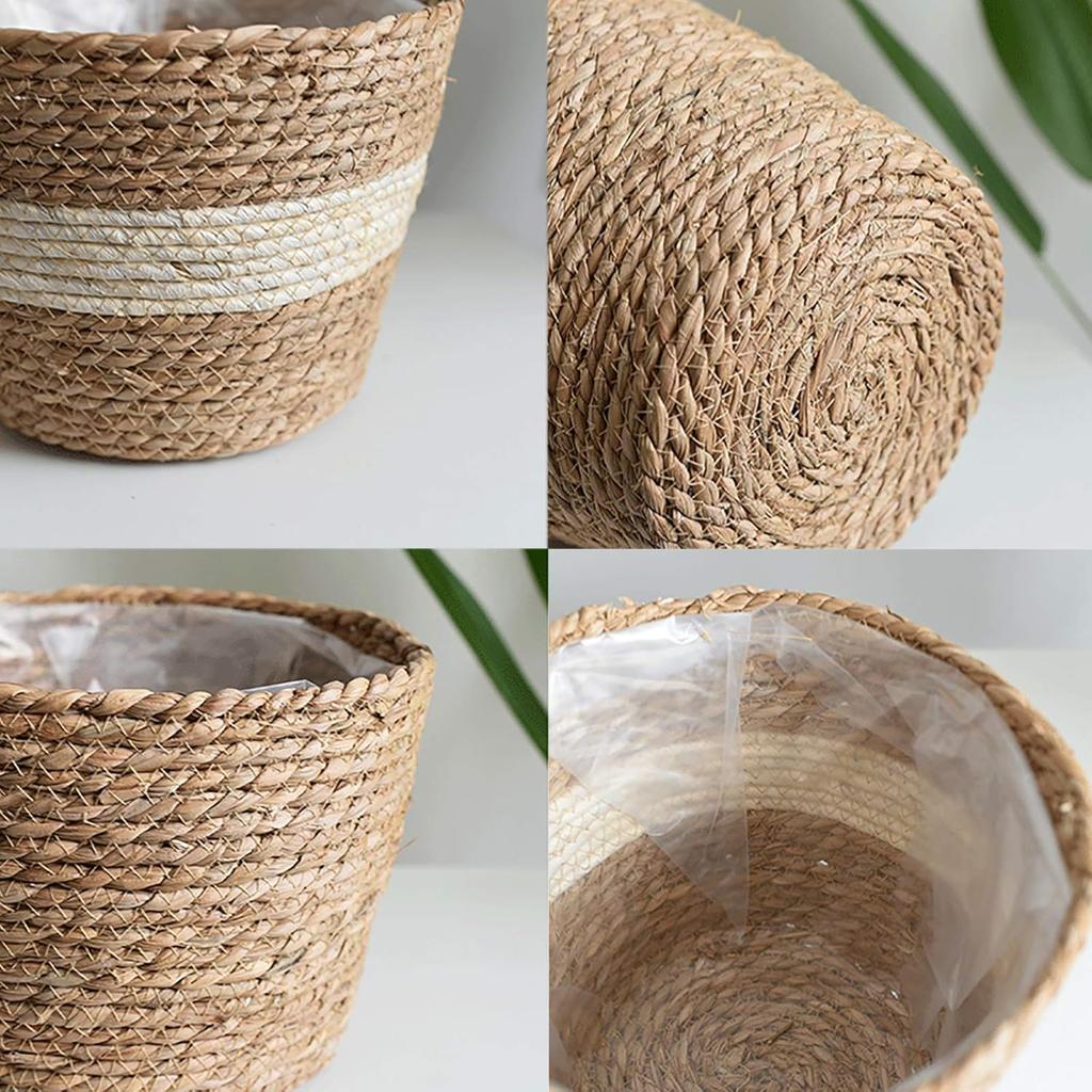 Seagrass Planters, Cover Storage Basket Containers Hand Woven Straw Pot with Plastic Liners for Indoor Outdoor Plant, Flower