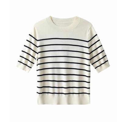Γυναικεία 100% Βαμβακερή Ριγέ Πλεκτή Μπλούζα Επώνυμη Σχεδιαστική Μπλούζα Ρετρό Κοντομάνικη Σικ Στρογγυλή Λαιμόκοψη Ευκολοσυνδύαστη Φαρδιά Μπλούζα T C-087