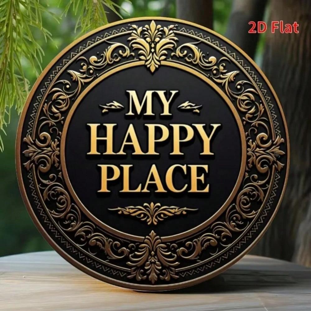 Vintage Gold Metal Wall Art Round Retro Sign My Happy Place Home Decor Bathroom Porch Living Room Kitchen Bedroom Wall Decoration