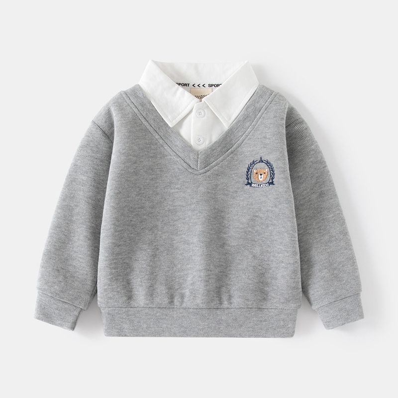 Spring and Autumn Children s Clothing for Boys, Fake Collar Polo Shirt, Kidsren s Shirt Collar Sweatshirt, Boys Collared Shirt, Bear Top Gray Wheat Ear Embroidery 130