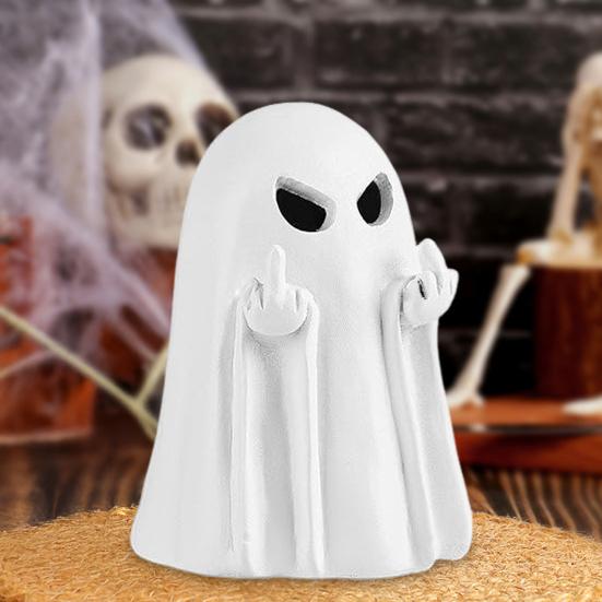 Figurka Ducha na Halloween Żywica Straszna Statua Ducha z Palcem Mały Biały Duch Ozdoby Stołowe do Dekoracji Wnętrz Domu Biura Biurka