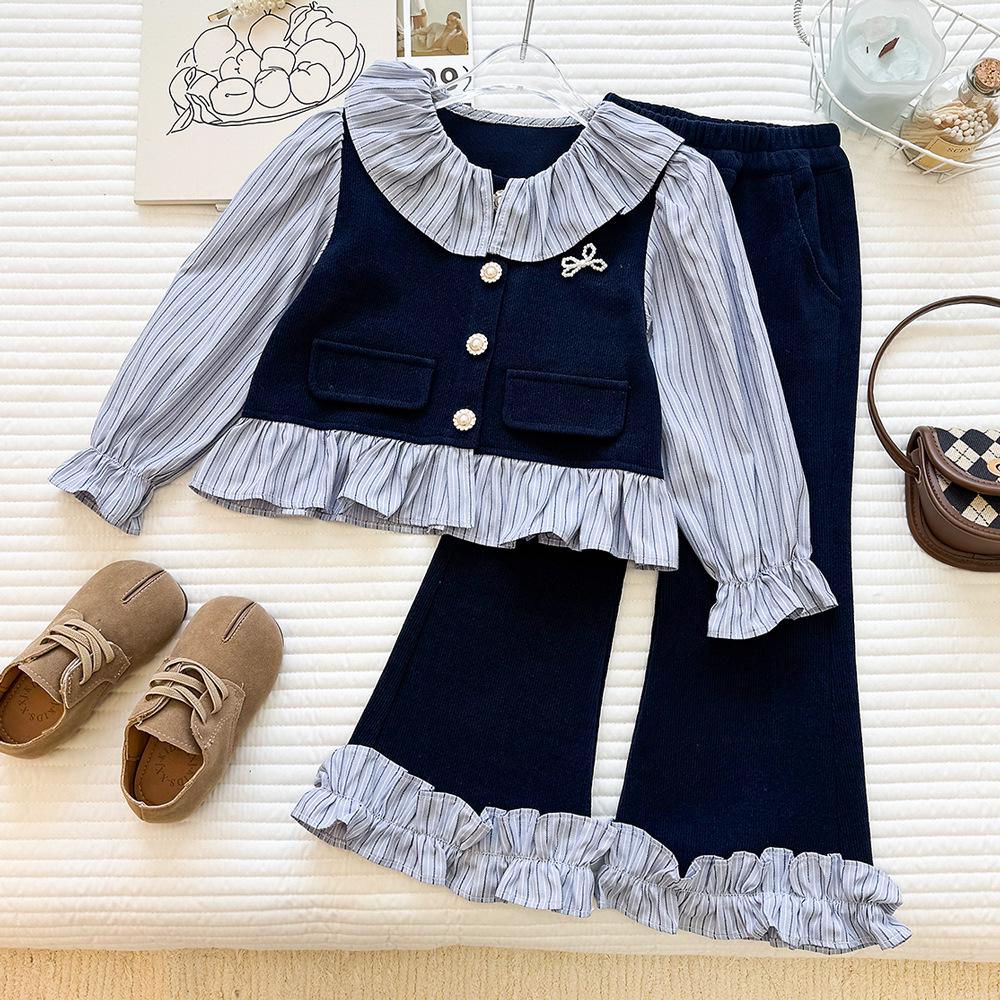 Girls' Autumn 2026 Trendy Patchwork Top and Striped Flare Pants Two-Piece Set