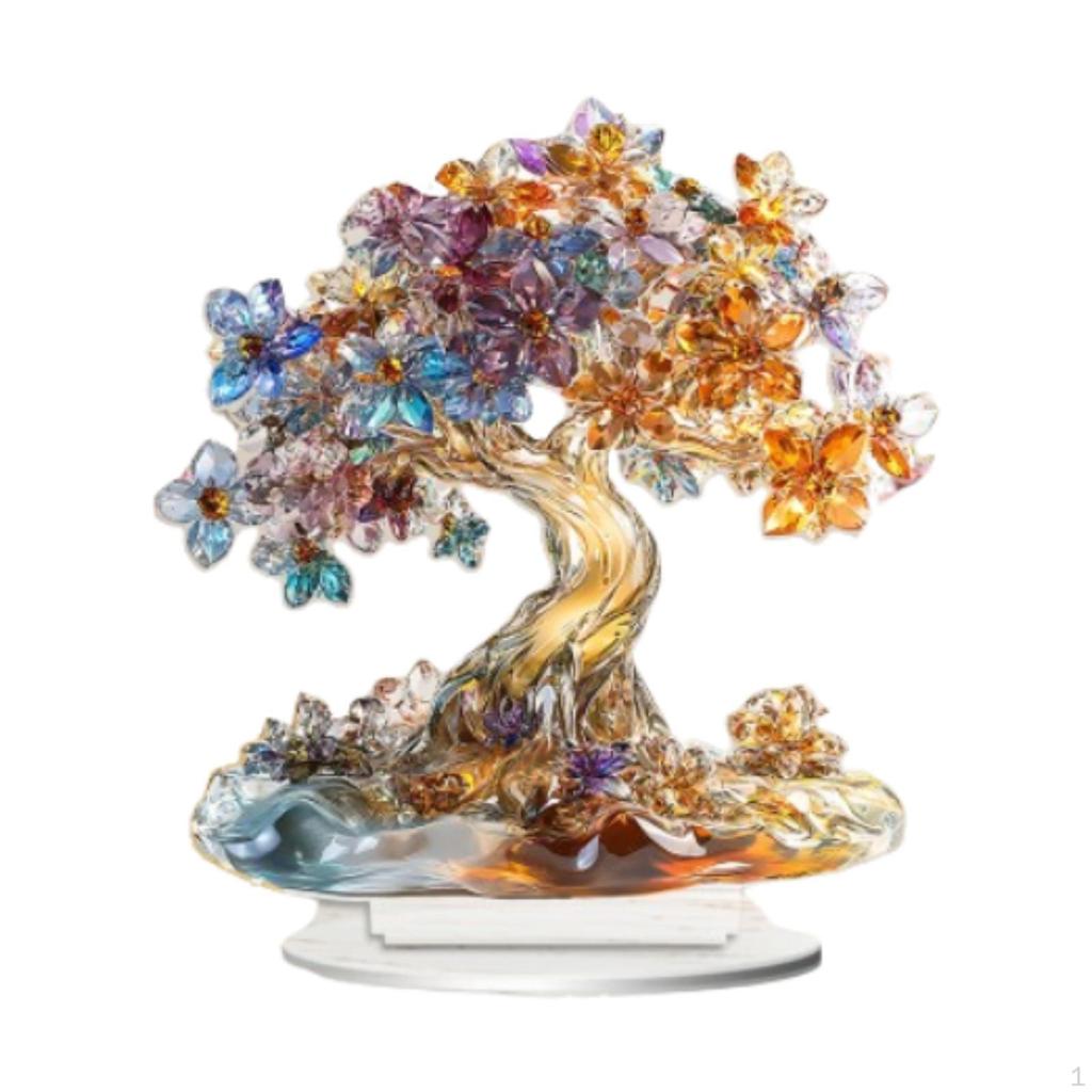 Akryl Livets Tre Ornament Skrivebordsdekor 2D Hjemmedekorasjon Samleobjekt med Base Bord