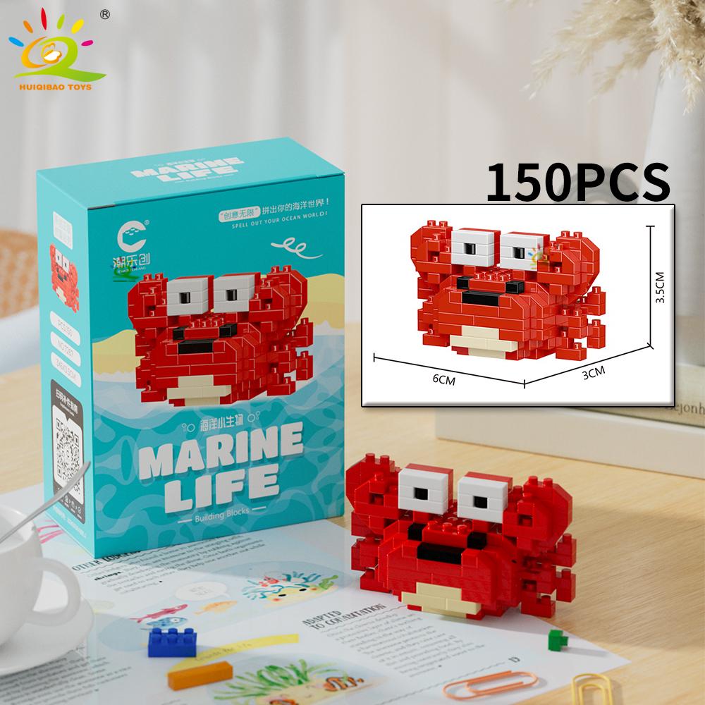 HUIQIBAO Mini Cute Shark Turtle Crab Sealife Animal Micro Building Block 3D Diamond Model Brick DIY City Toys for Children Kids