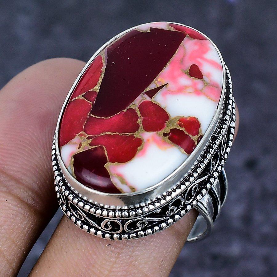 Natural Copper Red Coral Gemstone 925 Sterling Silver Jewelry Ring Size 9 ETC-13900