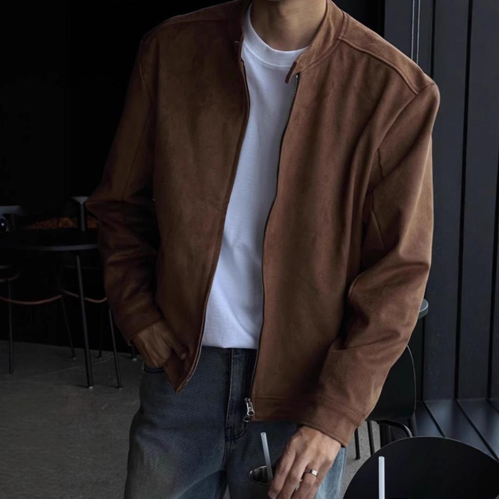 Pre-sale Early Autumn Brown Stand Collar Deerskin Jacket - Loose Korean Style Warm Men's Outerwear