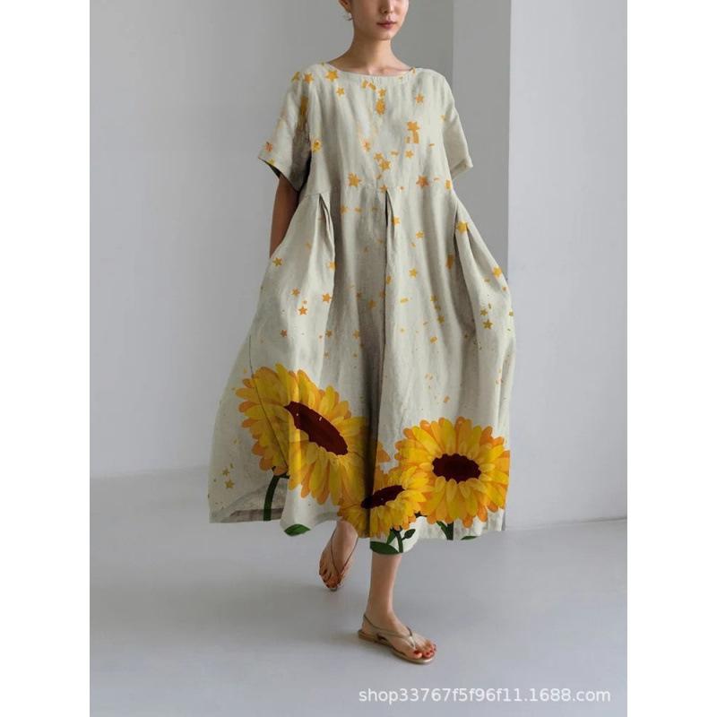 Damen Sommer Übergröße Gestreiftes Print Maxikleid, Lässiges Lockeres Rundhals Kurzarm Oversized A-Linien-Kleid