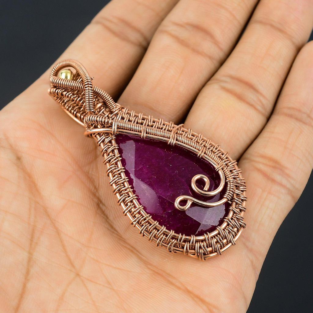 Ruby Pendant Gemstone Jewelry, 999 Copper Wire Wrapped Handmade Pendant, Latest Design Jewelry