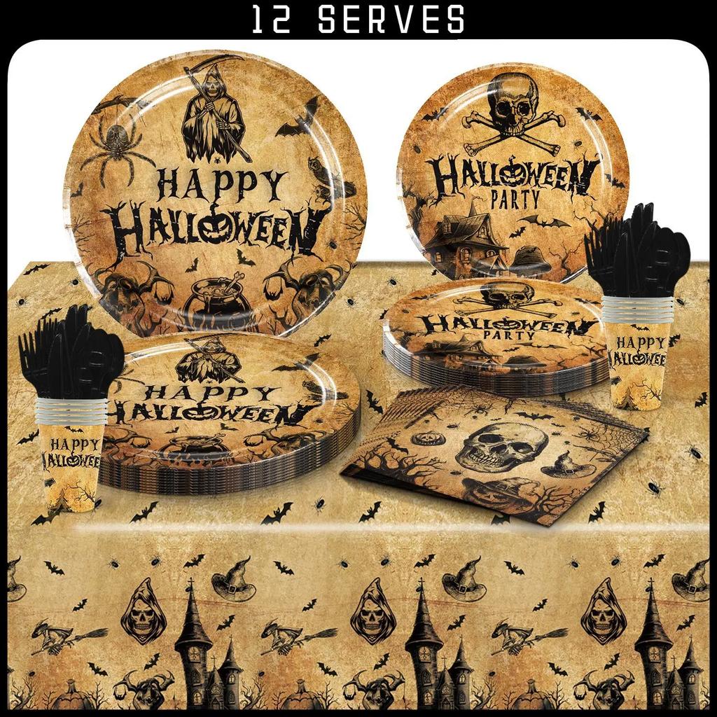 Halloween Disposable Tableware Set with Tablecloth Paper Plates Cups Napkins Spoons Forks Knives Festive Party Supplies