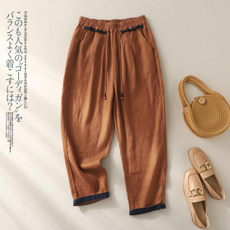 

Женские узкие брюки-шаровары из хлопка и льна в стиле ретро — легкие, повседневные, свободного кроя, универсальные, фасон Nine-Point XL оранжевый