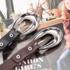 Womens PU Leather Belt With Heart Shape Rivets Punk Street Style Adjustable Waistband Jeans Casual Outfit