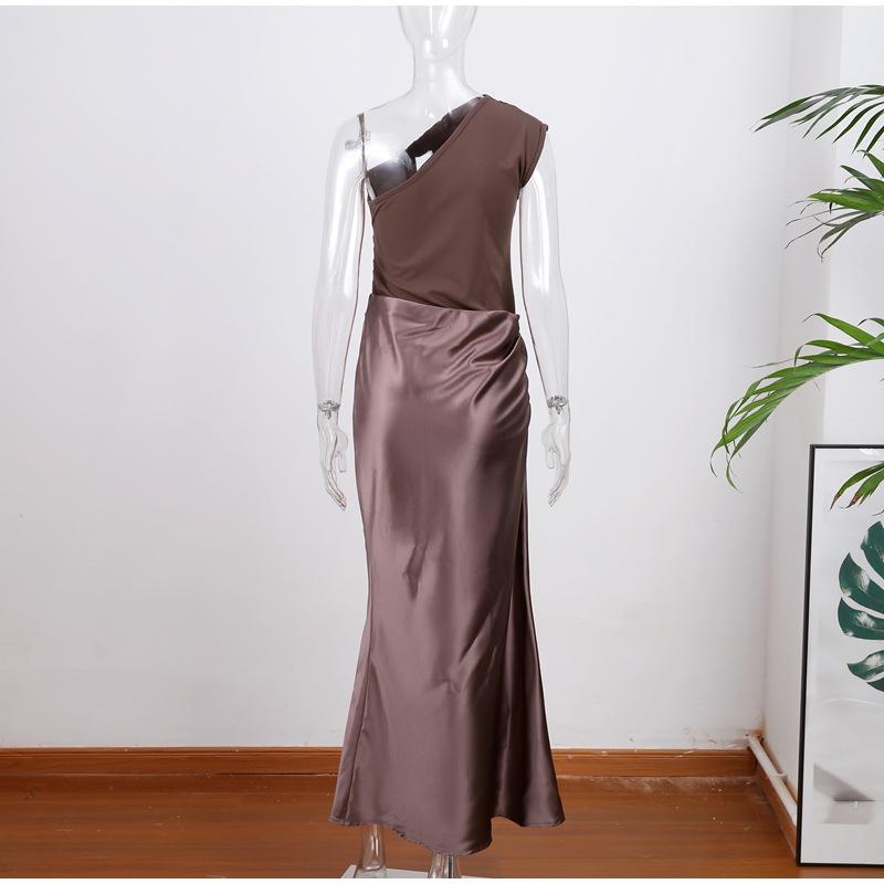 Spot foreign trade summer new women s clothing diagonal collar sleeveless splicing slim dress S