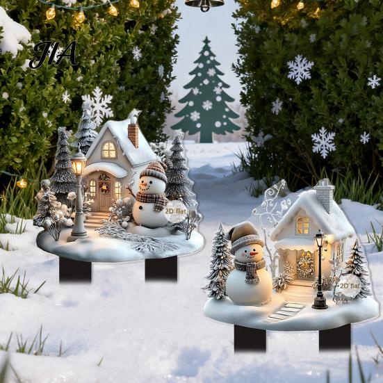 Durable Acrylic Yard Signs Santa Claus Garden Stake, Christmas Snowman Sign, 2D Decorations Flat Snowy Cottage Ornament for Lawn Pathway Holiday