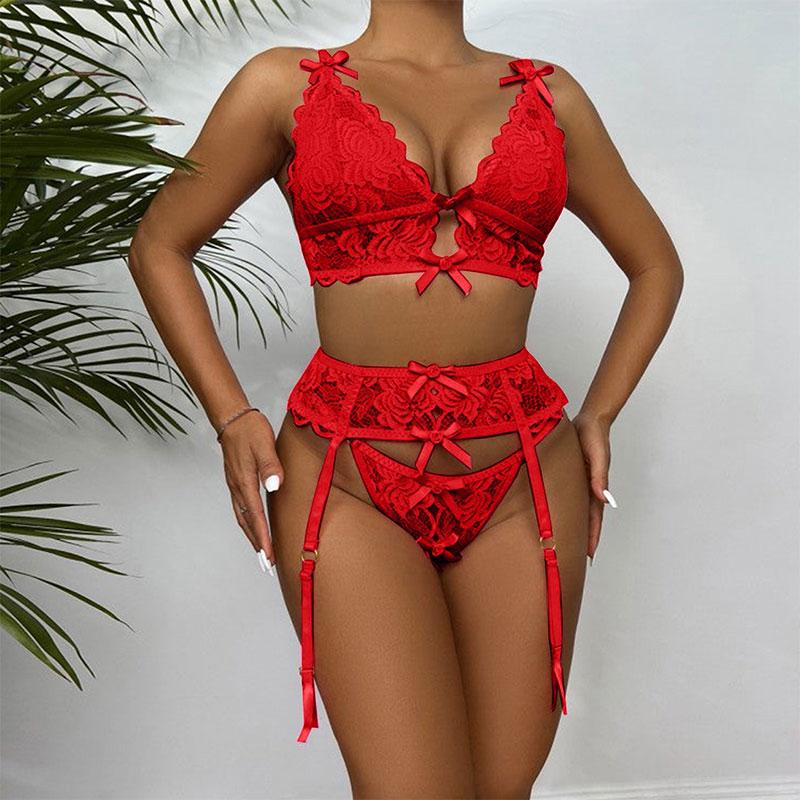 New Erotic Lingerie Sexy Lace See Thru Bra Floral Embroidery Bodysuit Sexy Outfits Teddy Women Porn Ribbon Underwear Set Garters