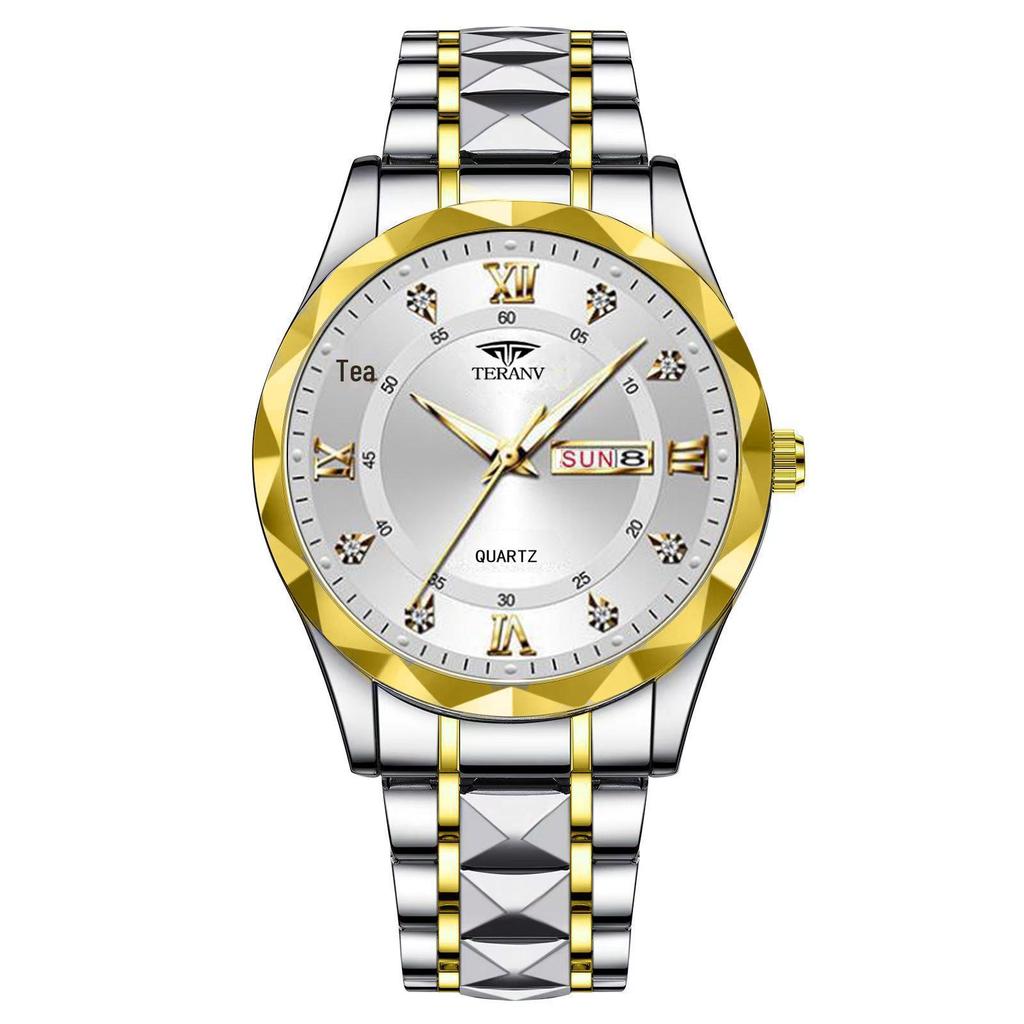 Men's Luminous Waterproof Quartz Watch with English-Chinese Calendar and Rhombus Case