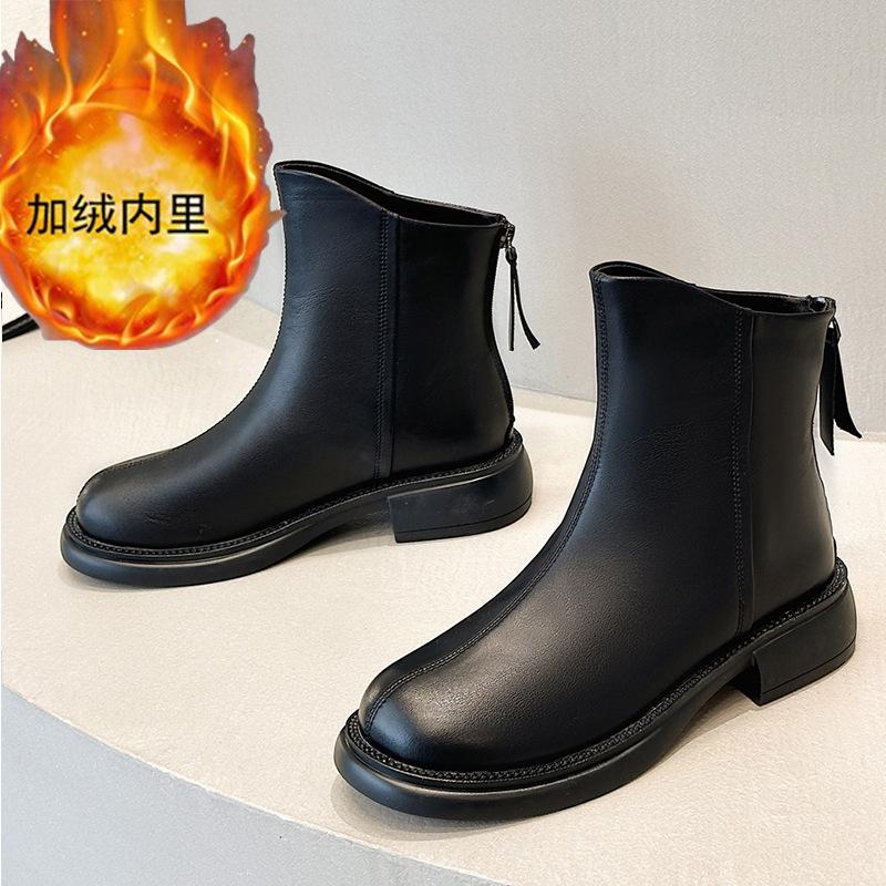 Short boots women's low tube round head British style small man thin women's boots autumn and winter new leather flat boots