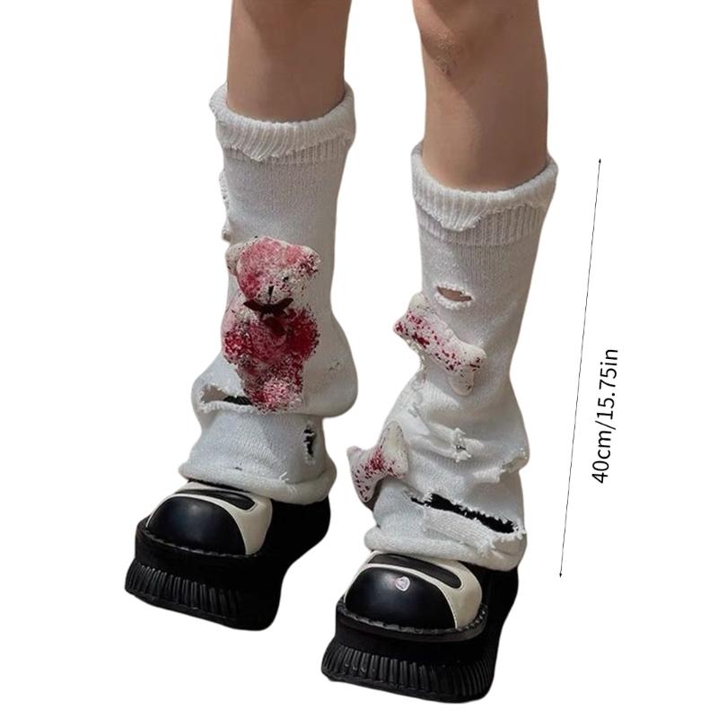 Aesthetic Vintage Ripped Hole Knitted Leg Warmer for Women Harajuku Streetwear Punk 3D Bloody Bear Leg Sleeve Cover